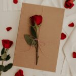 Single red rose on a brown envelope